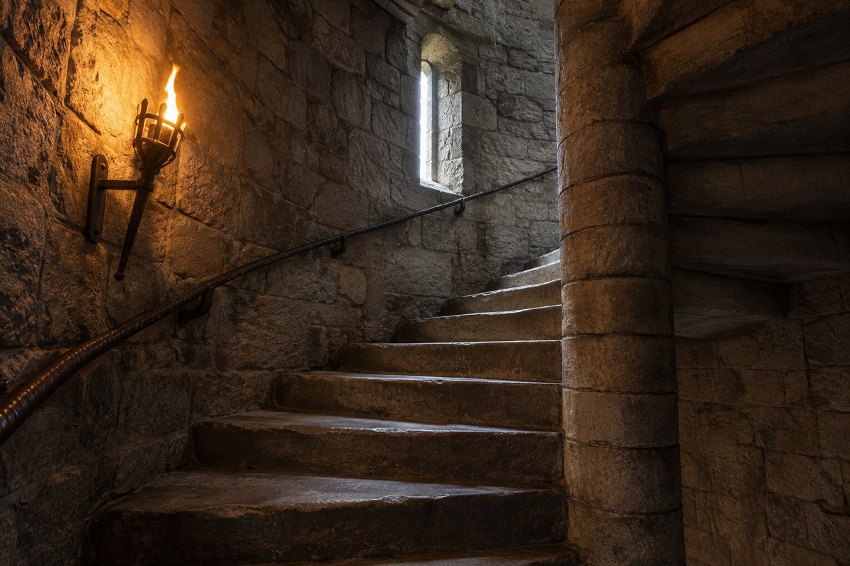 Wendeltreppe aus Stein in einem Turm, eine Fackel, ohne Figuren und ohne Banner