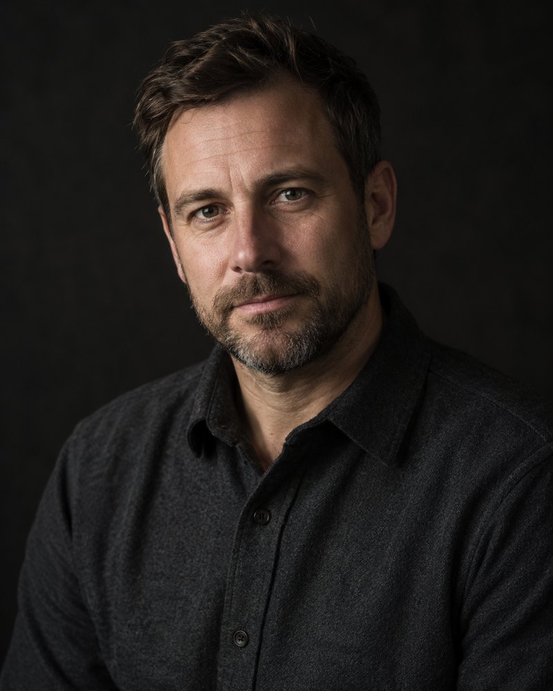 Markus Pell, kurzer Bart, schlichtes Wollhemd, dunkles Studio